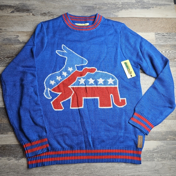Tipsy Elves NEW Men's Humping Donkey Sweater Medium Elephant GOP Voter Red Blue - Picture 1 of 9